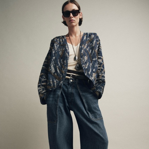 Zara Jackets & Blazers - NWT Zara Beaded Denim-Effect Quilted Kimono Jacket Blue Boho Women’s Size M/L